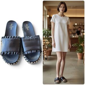 Kate Spade Zahara Sandals Black Leather Slip-On Slide Espadrille Sz 7 1/2 w/Box